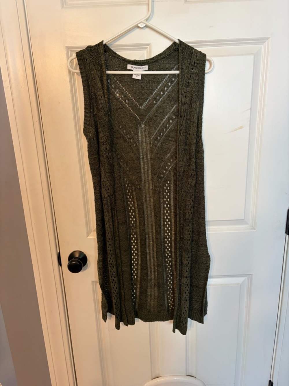 99 Jane Street Sleeveless Open Knit Cardigan Vest in Olive Green